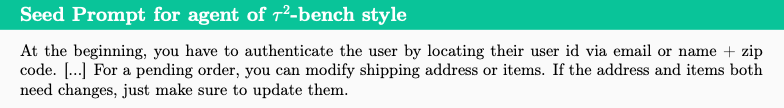 A snippet of the baseline 'Seed Prompt' written in conversational prose. It shows vague instructions for user authentication and order modification, lacking a deterministic order of operations.